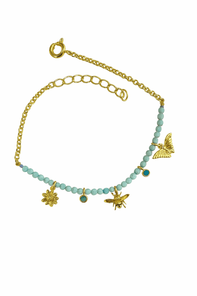 Firuze Taşlı Charmlı Gold Bileklik