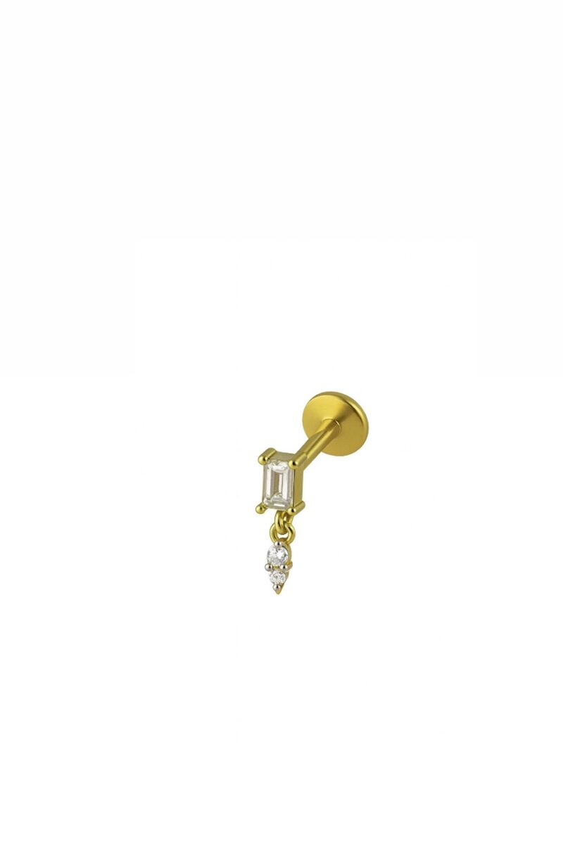 Baget Üçgen Tek Taş Sallantılı Gold Piercing