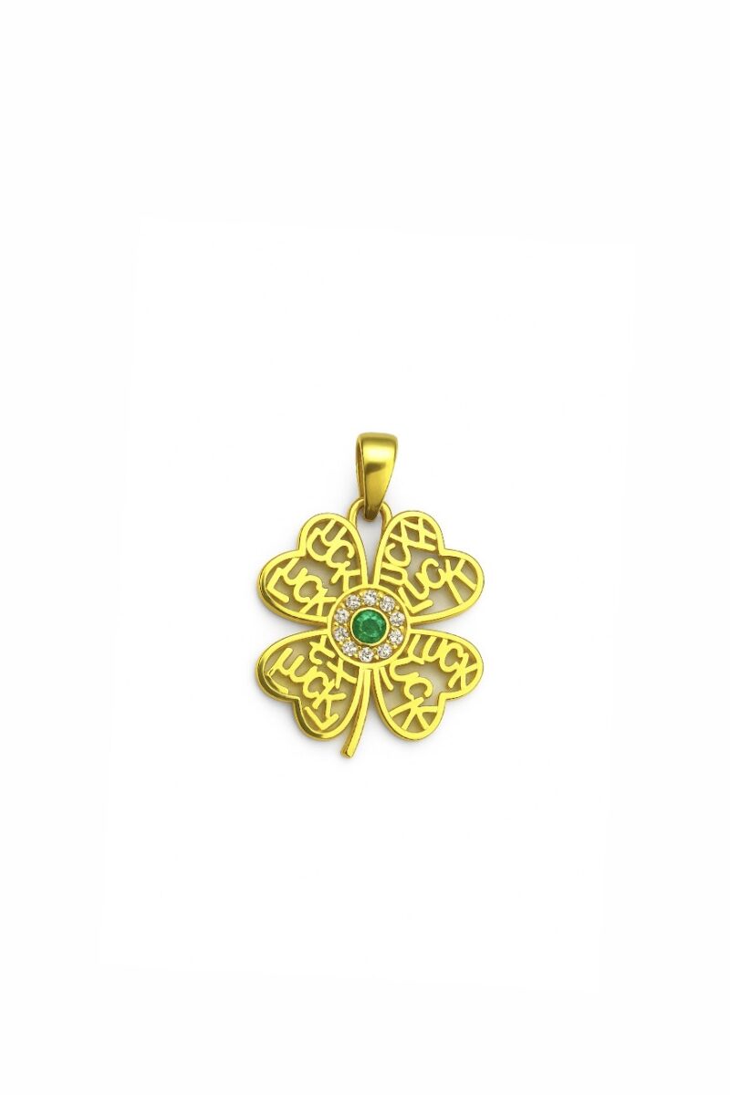 Lucky Yonca Yeşil Taşlı Gold Kolye Ucu