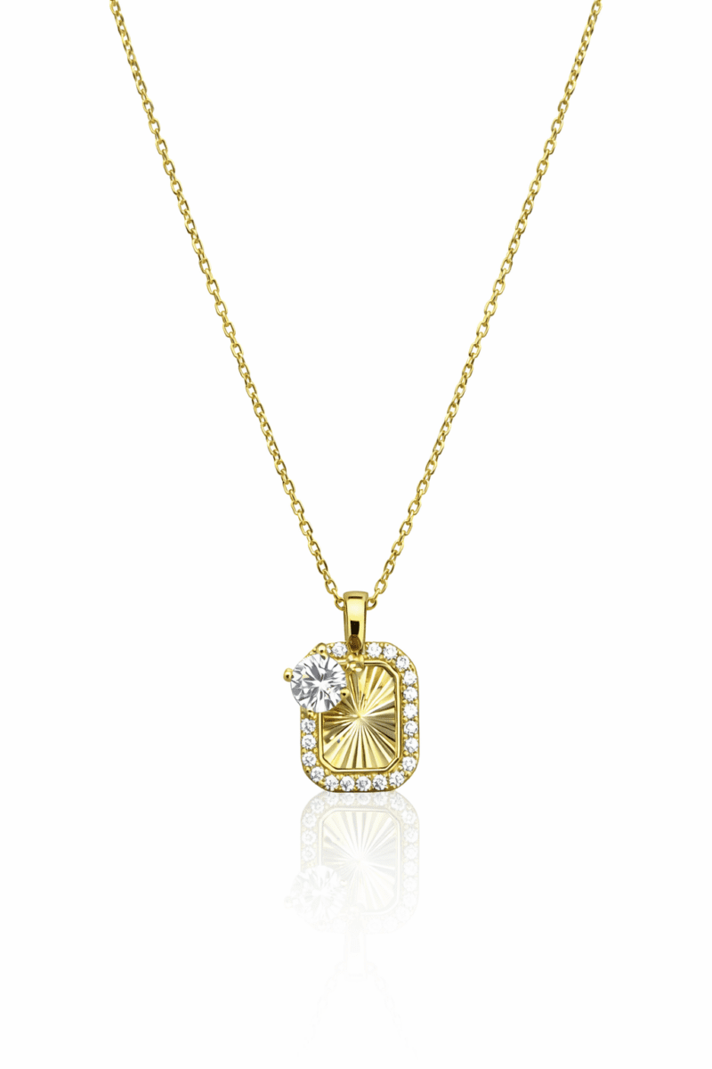 Sunburst Tek Taşlı Gold Plaka Kolye | New Collection