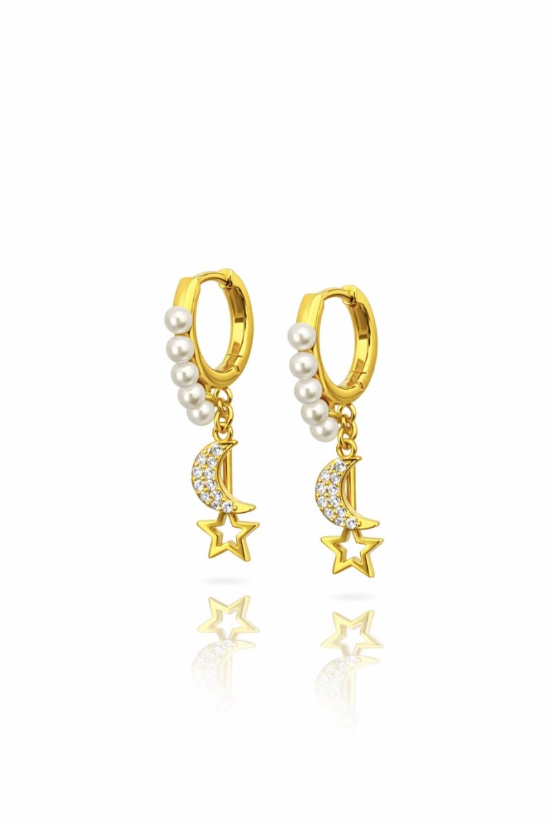 İncili Ay Yıldız Sallantılı Gold Halka Küpe | New Collection