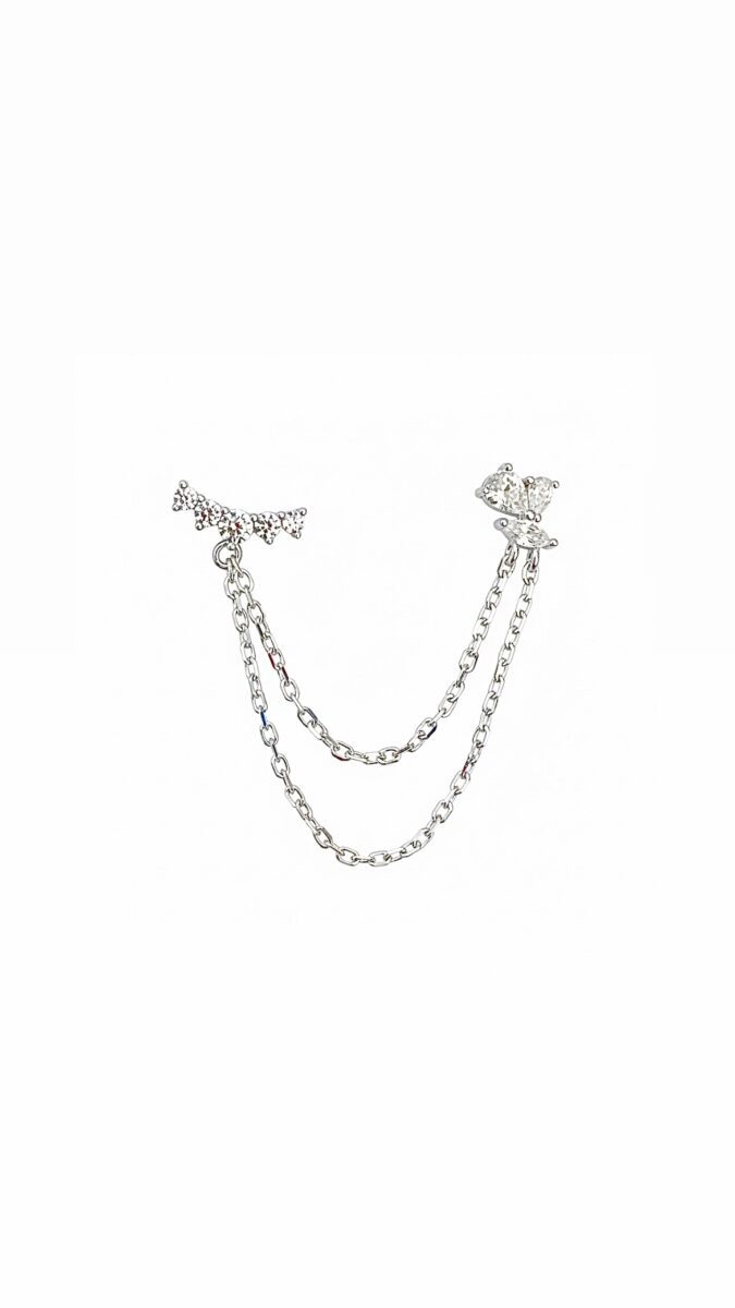 Çift Delikli Taşlı Zincirli Silver Vidalı Küpe | New Collection