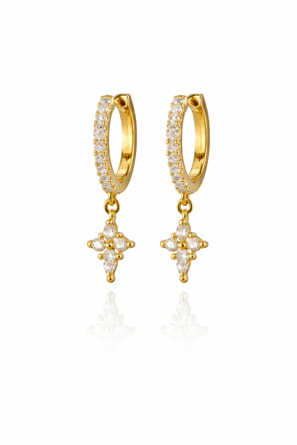 Taşlı Işıltılı Çiçek Sallantılı Gold Halka Küpe