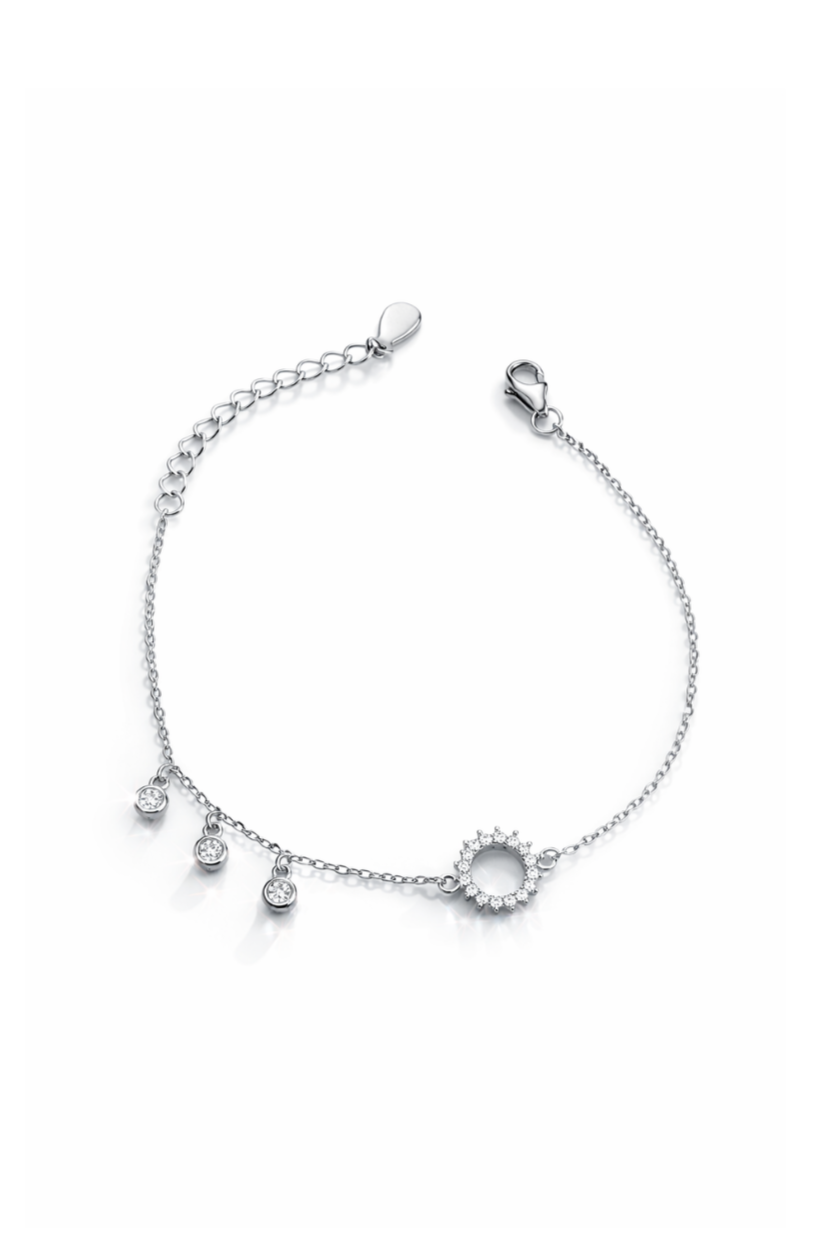 Işıltılı Daire Ve Taş Sallantılı Minimal Silver Bileklik