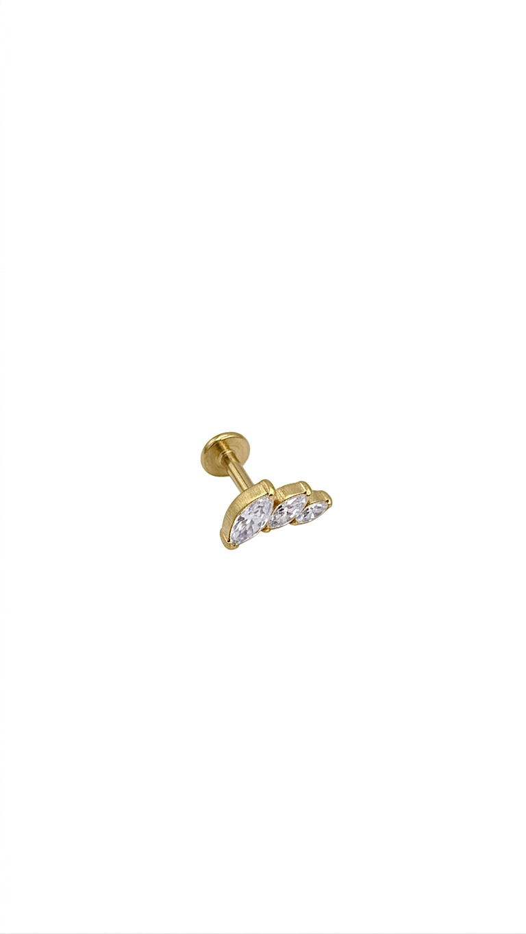 G23 Titanyum Üç Damla Taşlı Piercing 6 mm x 1.2 mm Altın Rengi