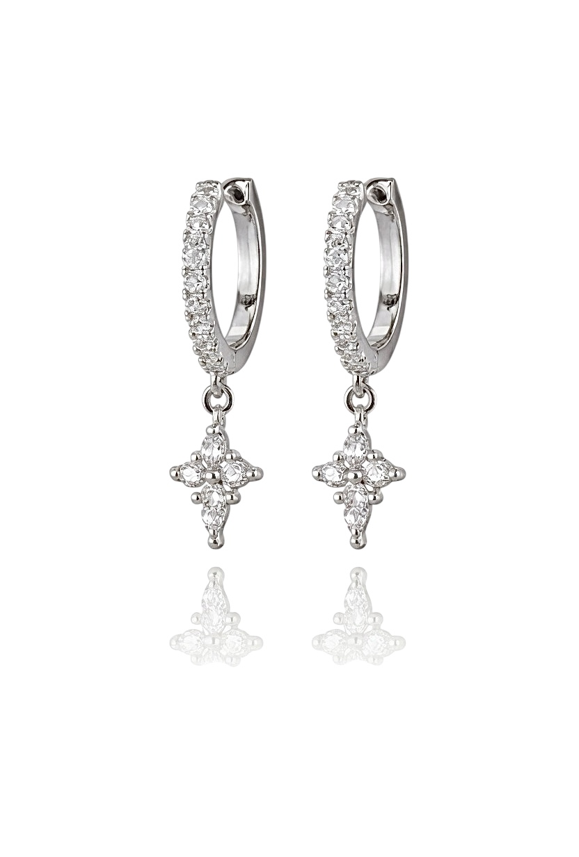 Taşlı Işıltılı Çiçek Sallantılı Silver Halka Küpe