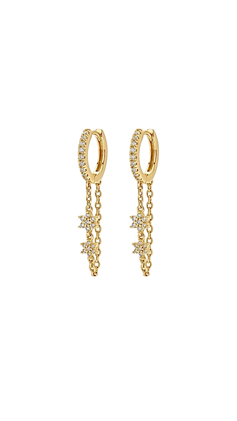 Işıltılı Çiçekli Zincir Sallantılı Halka Gold Küpe