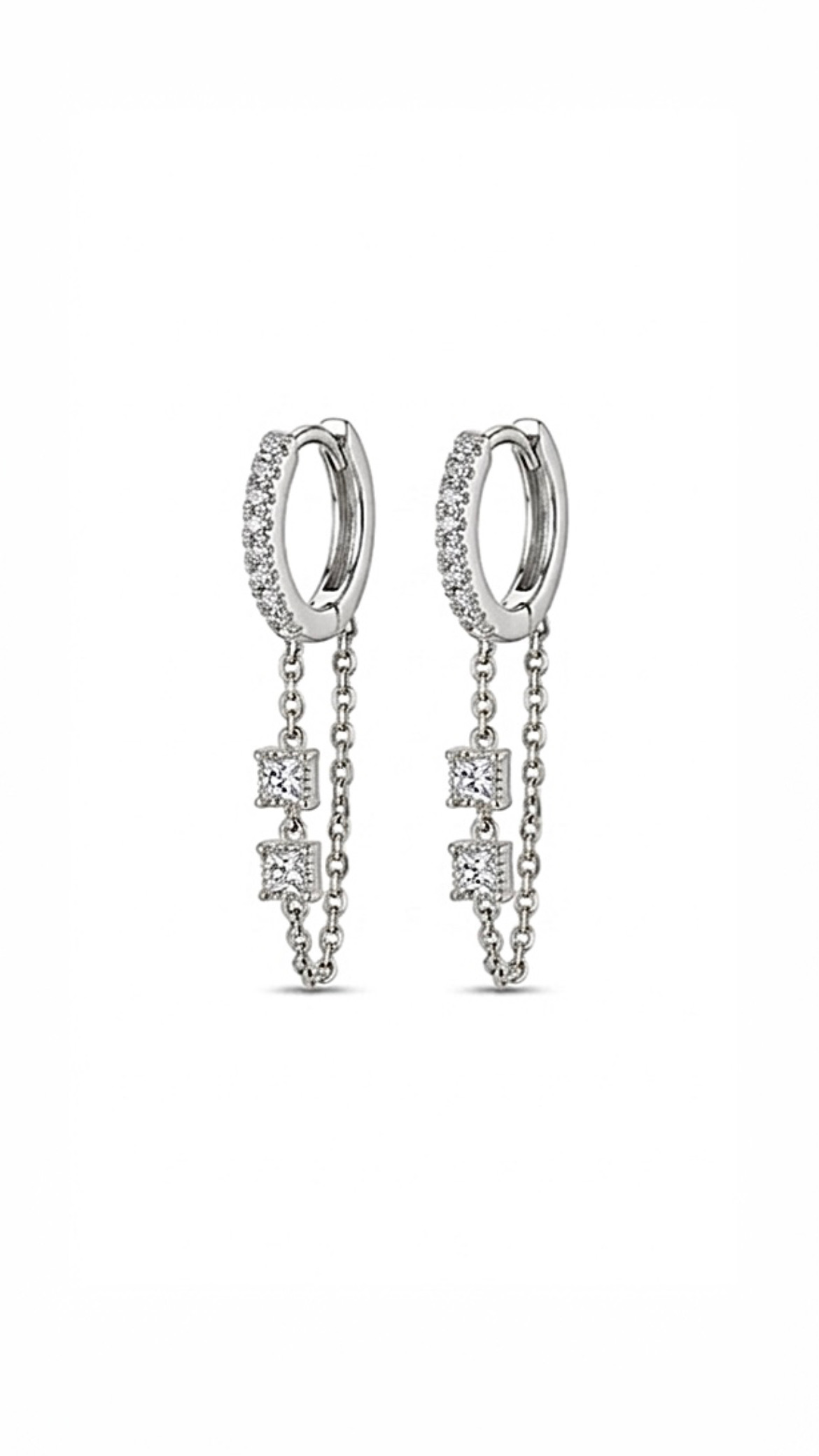 Işıltılı Mini Kare Taşlı Zincir Sallantılı Halka Silver Küpe