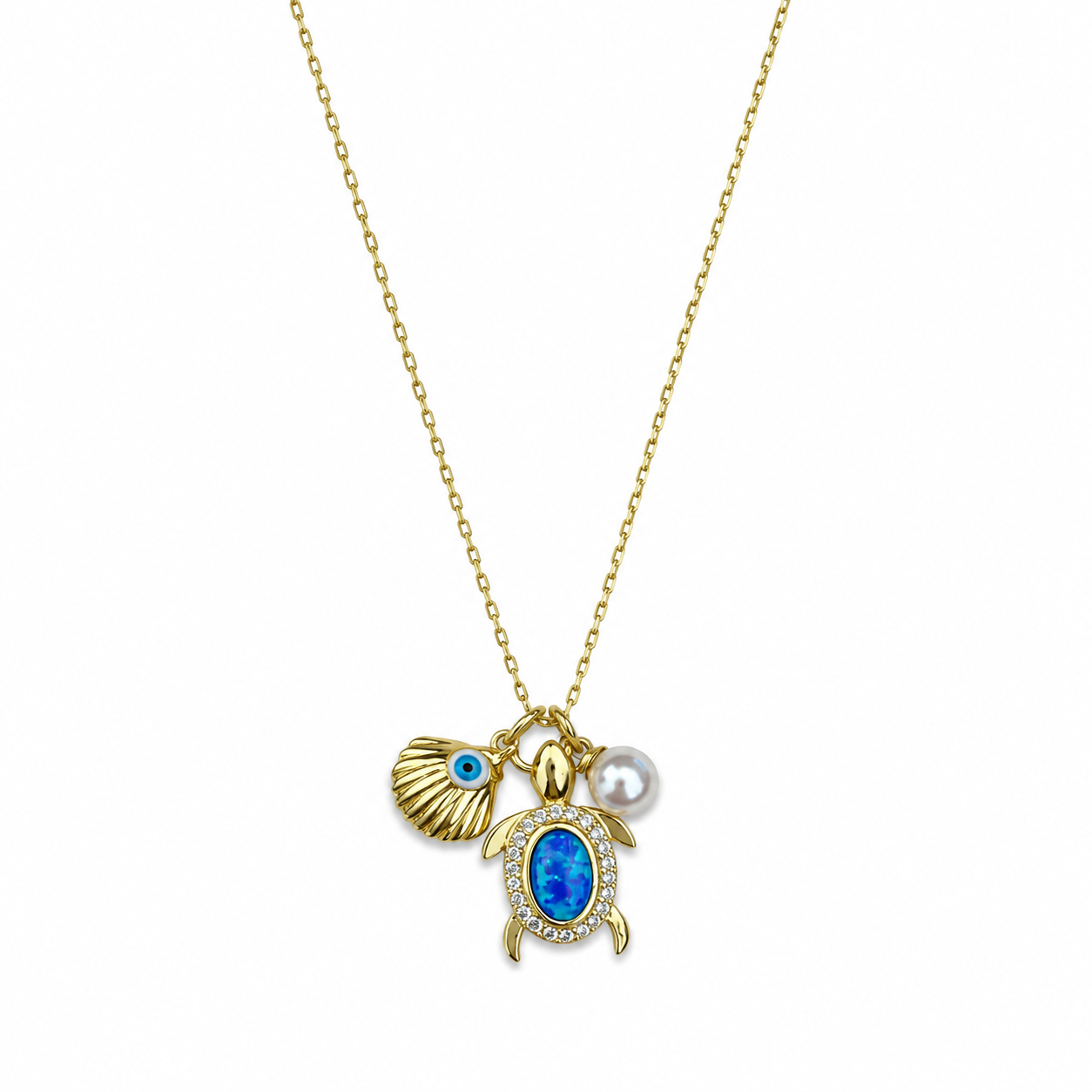Opal Taşlı Kablumbağa Midyeli ve İnci Charmlı Gold Kolye