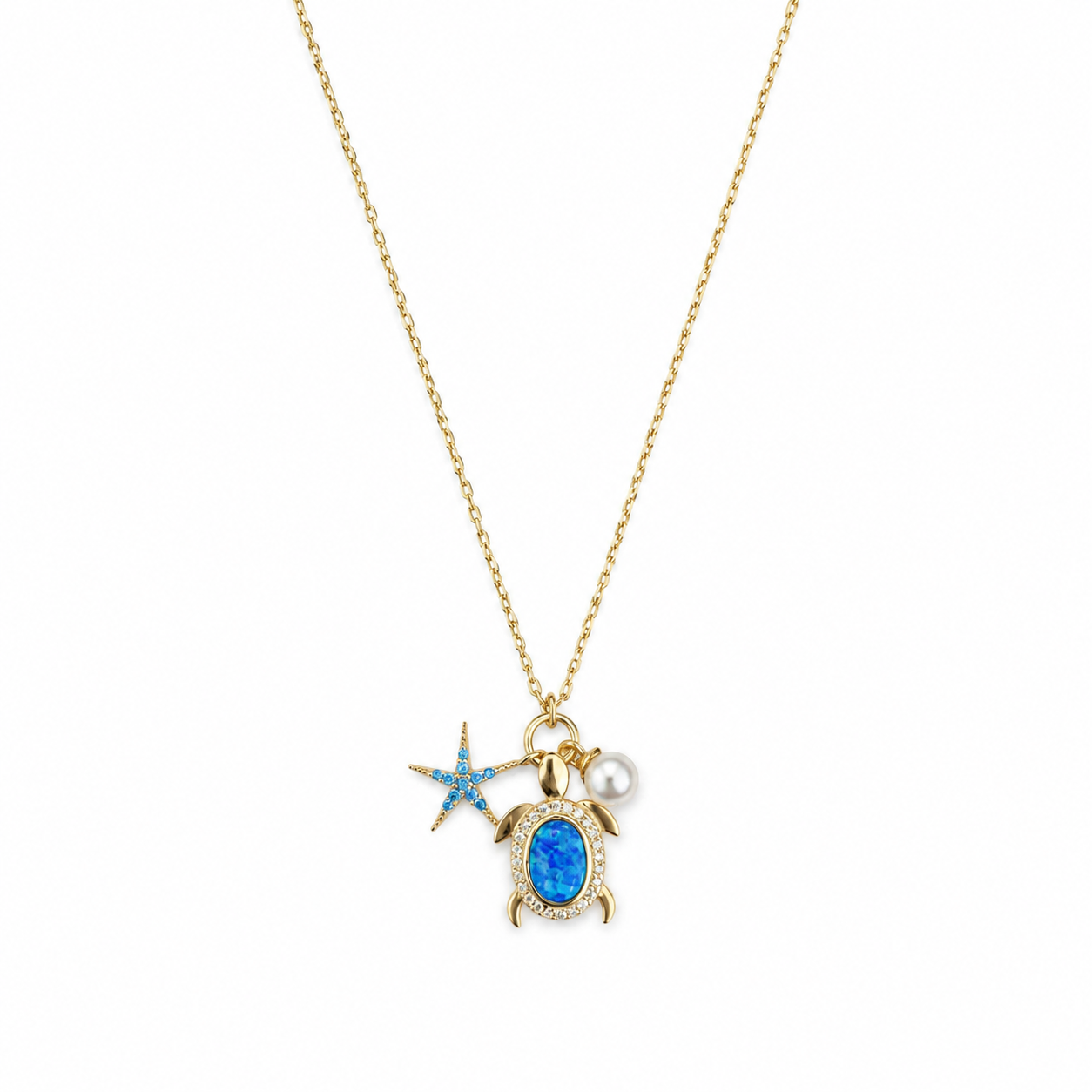 Opal Taşlı Kablumbağa Deniz Yıldızı ve İnci Charmlı Gold Kolye